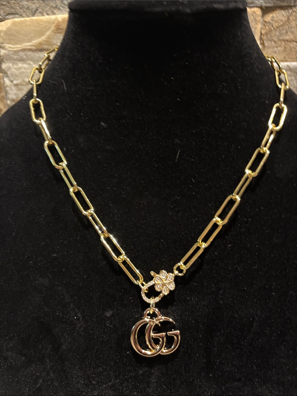 Gold Floral Charm Link Necklace with Double GG Pendant